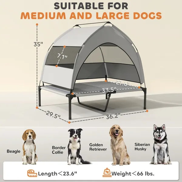 KFX-7006653 Elevated Dog Bed with Removable Canopy and Cooling Pad for Outdoor Use
