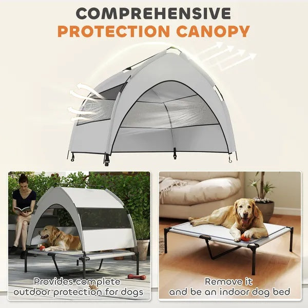 KFX-7006653 Elevated Dog Bed with Removable Canopy and Cooling Pad for Outdoor Use