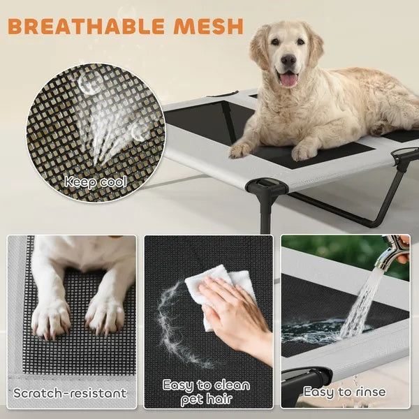 KFX-7006653 Elevated Dog Bed with Removable Canopy and Cooling Pad for Outdoor Use
