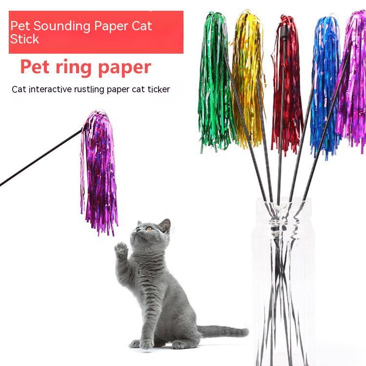 KFX-7008445 Colorful Striped Cat Teaser Wand with Elastic Rod and Plastic Ribbons