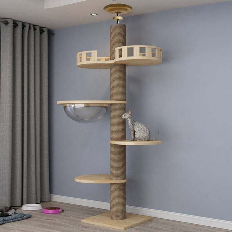 KFX-7016637 Solid Wood Cat Climbing Frame with Space Capsule, Nest, and Springboard - Durable Pine Construction