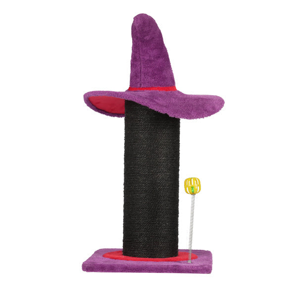 KFX-7018813 Wizard Hat Cat Scratching Post with Spring Ball Toy for Indoor Cats - Purple Halloween Design