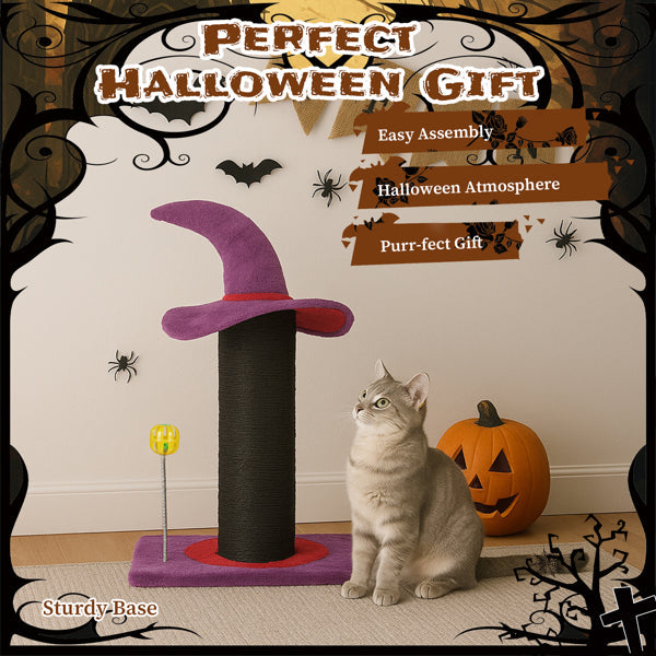 KFX-7018813 Wizard Hat Cat Scratching Post with Spring Ball Toy for Indoor Cats - Purple Halloween Design