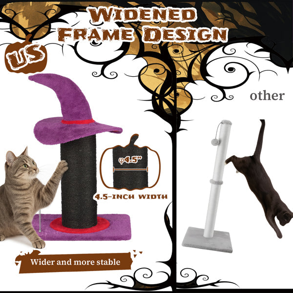 KFX-7018813 Wizard Hat Cat Scratching Post with Spring Ball Toy for Indoor Cats - Purple Halloween Design