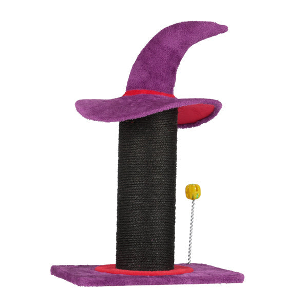 KFX-7018813 Wizard Hat Cat Scratching Post with Spring Ball Toy for Indoor Cats - Purple Halloween Design