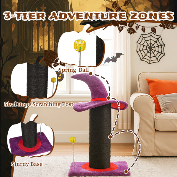 KFX-7018813 Wizard Hat Cat Scratching Post with Spring Ball Toy for Indoor Cats - Purple Halloween Design