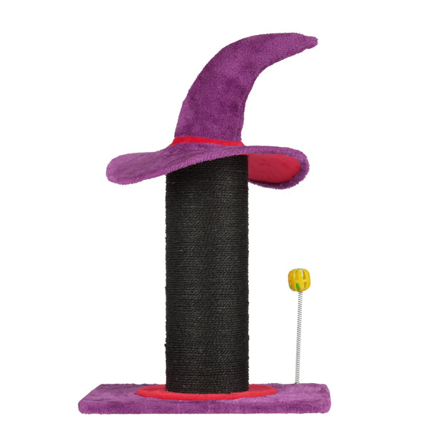 KFX-7018813 Wizard Hat Cat Scratching Post with Spring Ball Toy for Indoor Cats - Purple Halloween Design