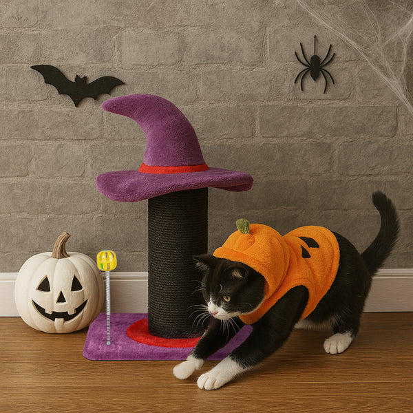 KFX-7018813 Wizard Hat Cat Scratching Post with Spring Ball Toy for Indoor Cats - Purple Halloween Design