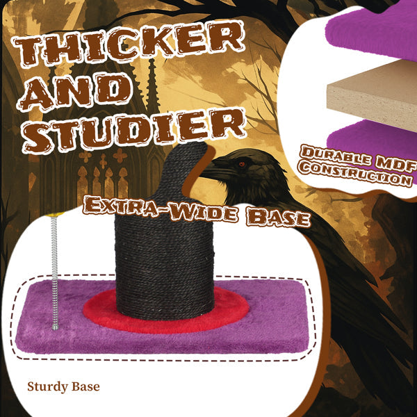 KFX-7018813 Wizard Hat Cat Scratching Post with Spring Ball Toy for Indoor Cats - Purple Halloween Design