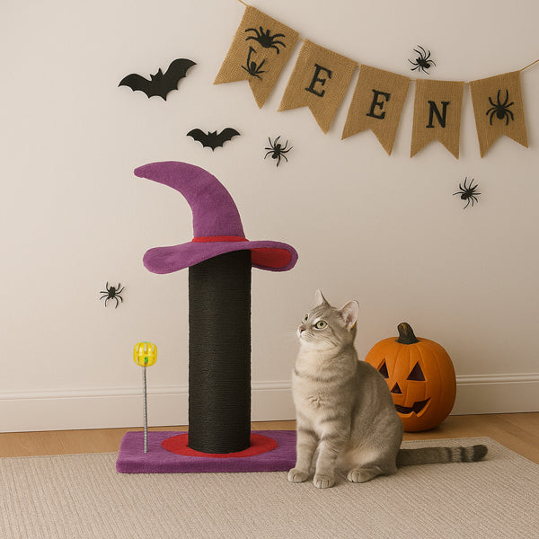 KFX-7018813 Wizard Hat Cat Scratching Post with Spring Ball Toy for Indoor Cats - Purple Halloween Design