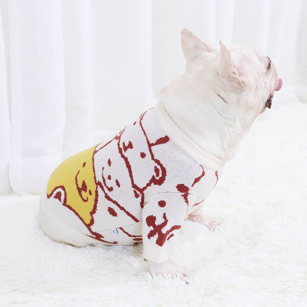KFX-7023677 Cozy Wool Pug Bulldog Sweater for Autumn and Winter in Milky White