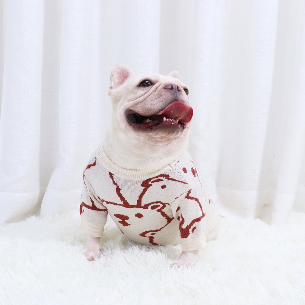 KFX-7023677 Cozy Wool Pug Bulldog Sweater for Autumn and Winter in Milky White