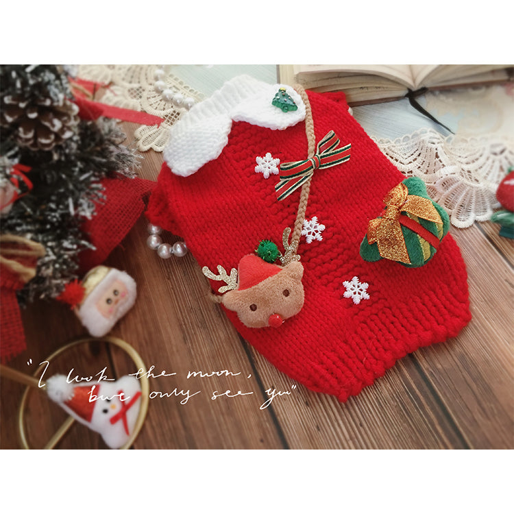 KFX-7026877 Cozy Red Christmas Two-Leg Sweater Set with Gift Box Brooch and Moose Bag