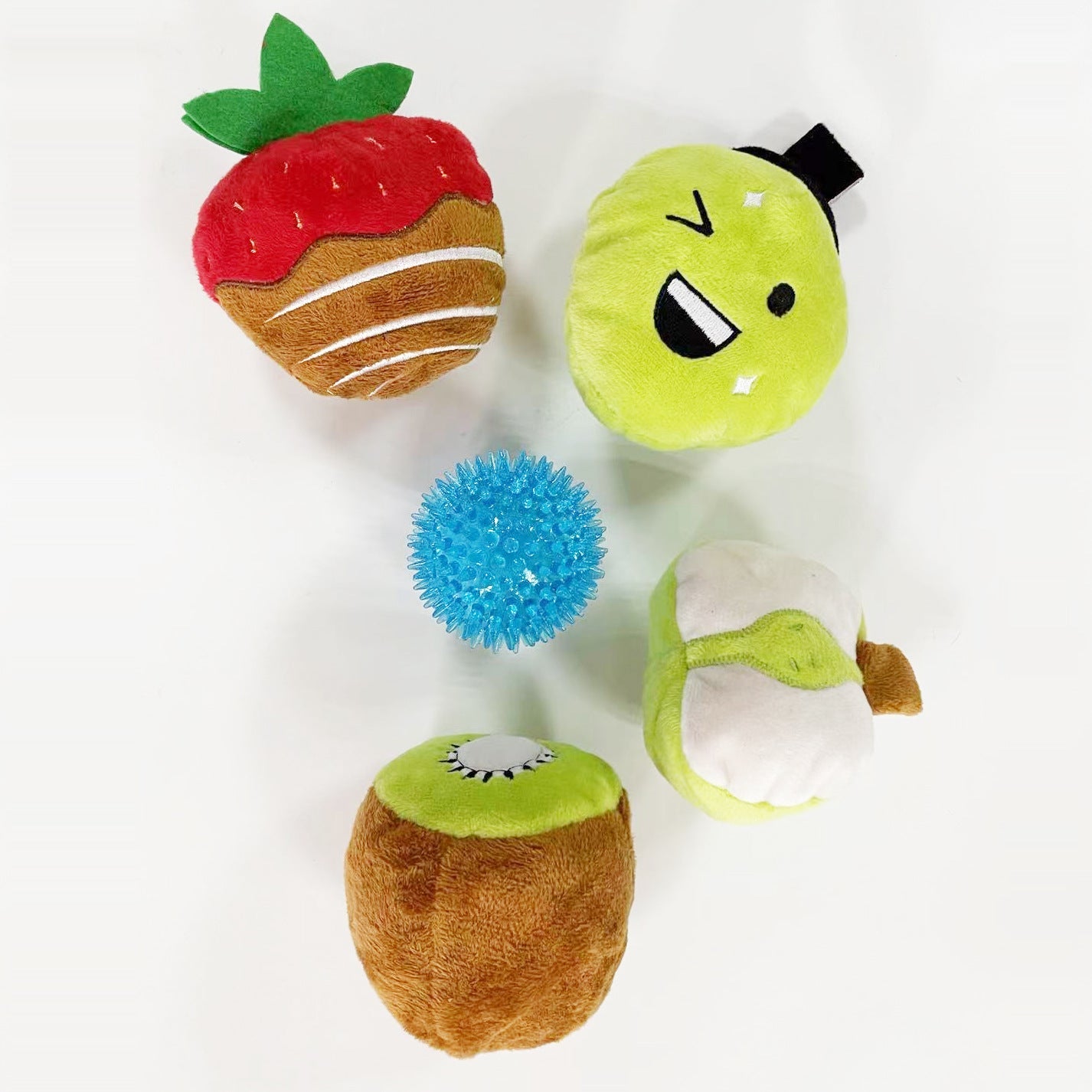 KFX-7028541 Strawberry Chocolate Plush Dog Toy in Strawberry, Green Mango, Kiwi Fruit, and Duck Pear Colors
