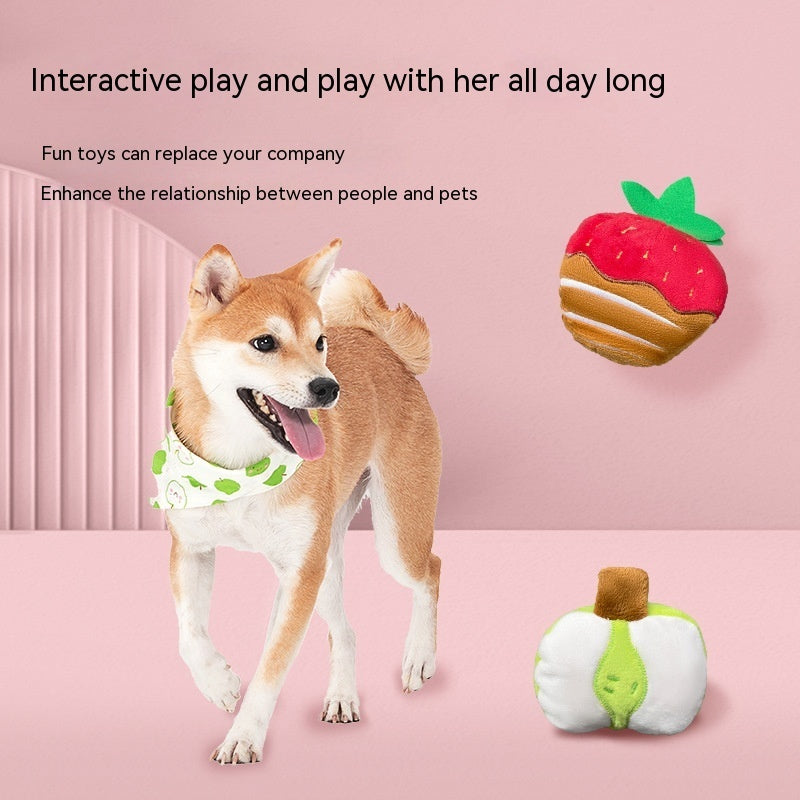 KFX-7028541 Strawberry Chocolate Plush Dog Toy in Strawberry, Green Mango, Kiwi Fruit, and Duck Pear Colors