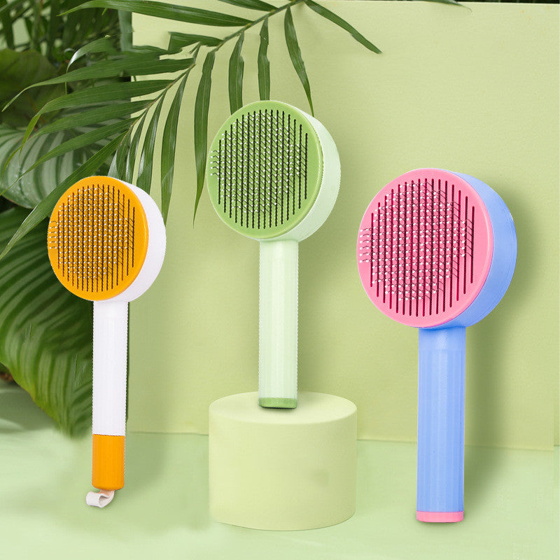KFX-7030461 Curved Needle Massage Comb for Long-Haired Cats and Dogs - 2-in-1 Hair Removal Brush in Pink, Light Green, Cream Yellow