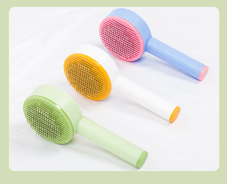 KFX-7030461 Curved Needle Massage Comb for Long-Haired Cats and Dogs - 2-in-1 Hair Removal Brush in Pink, Light Green, Cream Yellow
