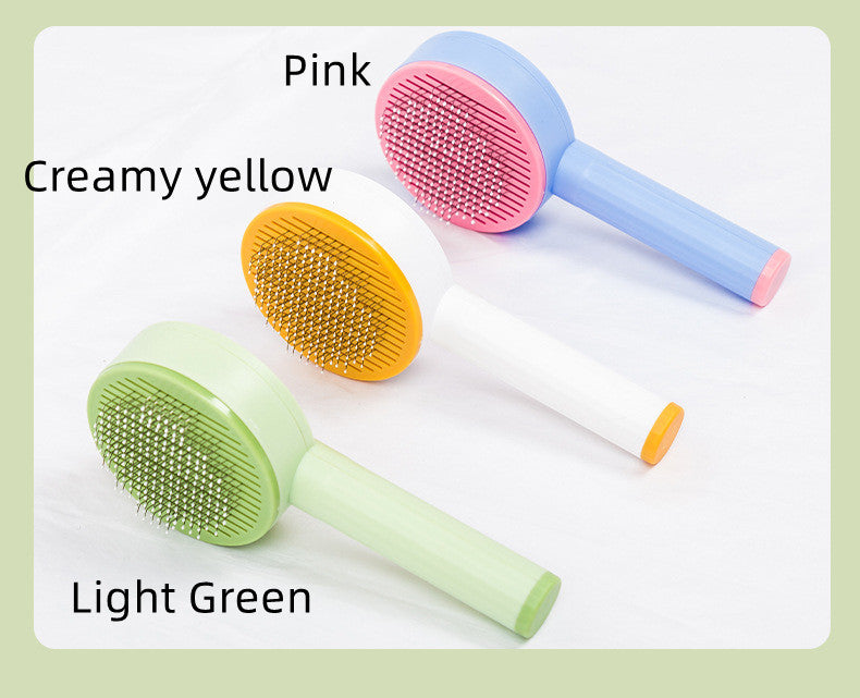 KFX-7030461 Curved Needle Massage Comb for Long-Haired Cats and Dogs - 2-in-1 Hair Removal Brush in Pink, Light Green, Cream Yellow