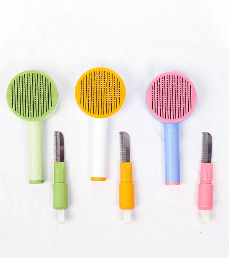 KFX-7030461 Curved Needle Massage Comb for Long-Haired Cats and Dogs - 2-in-1 Hair Removal Brush in Pink, Light Green, Cream Yellow