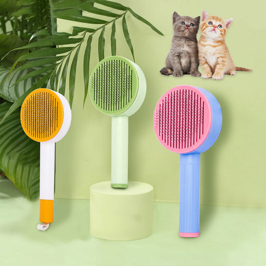 KFX-7030461 Curved Needle Massage Comb for Long-Haired Cats and Dogs - 2-in-1 Hair Removal Brush in Pink, Light Green, Cream Yellow