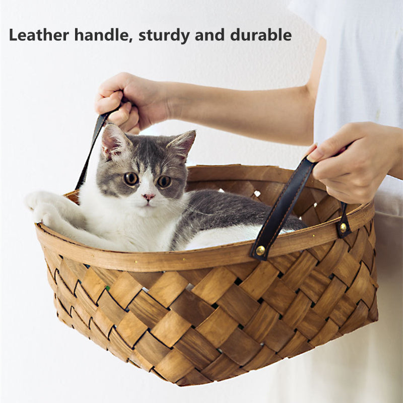 KFX-7038653 Bamboo Rattan Cat Bed House - Hand-Woven Pet Nest with High Resilience Cushion