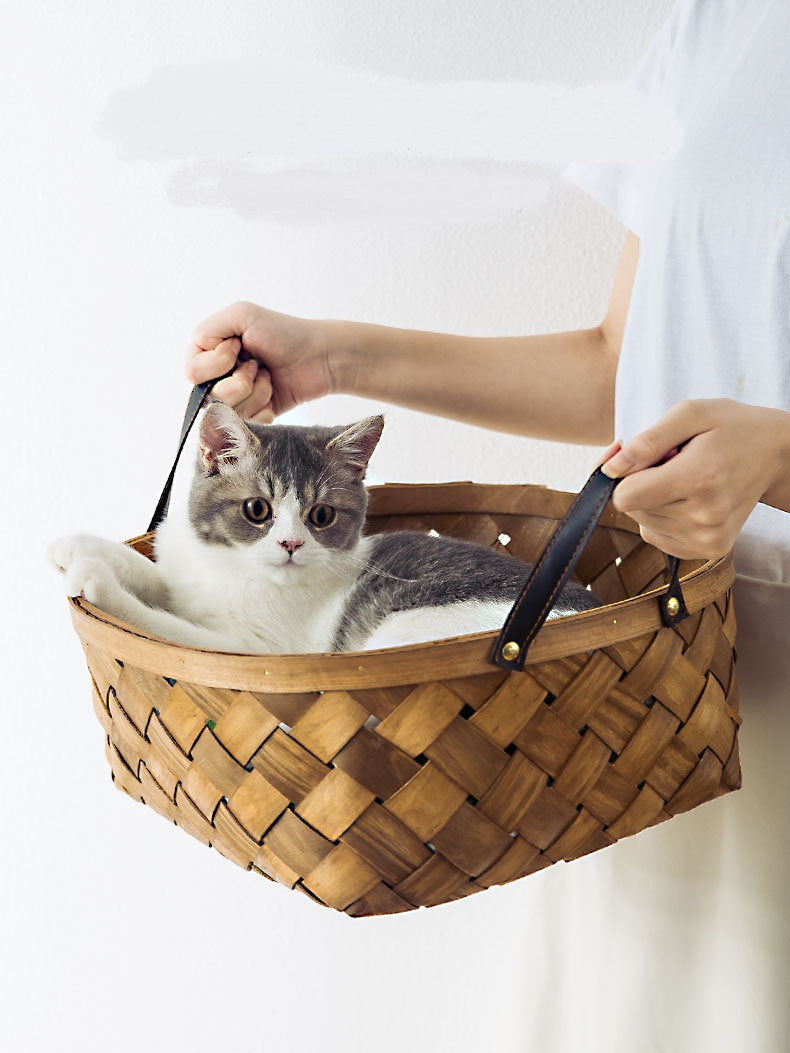 KFX-7038653 Bamboo Rattan Cat Bed House - Hand-Woven Pet Nest with High Resilience Cushion