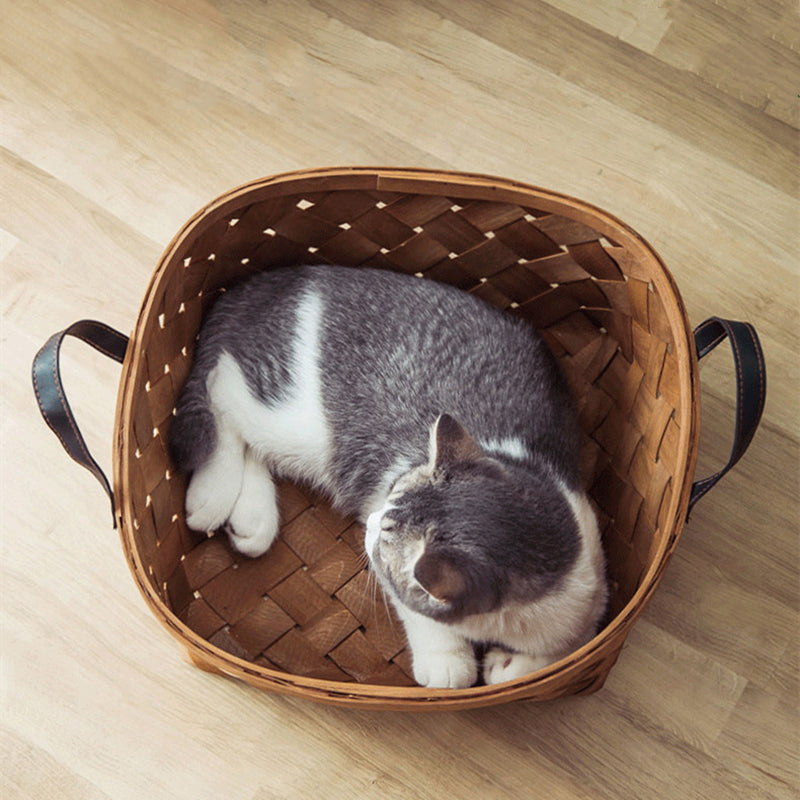 KFX-7038653 Bamboo Rattan Cat Bed House - Hand-Woven Pet Nest with High Resilience Cushion
