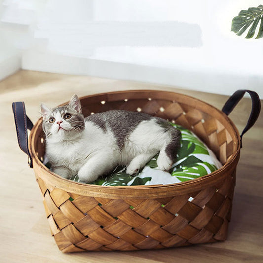 KFX-7038653 Bamboo Rattan Cat Bed House - Hand-Woven Pet Nest with High Resilience Cushion