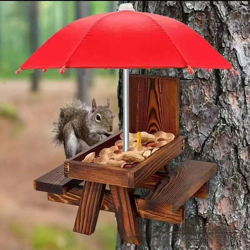 KFX-7044157 Wooden Outdoor Chipmunk Feeder with Bench and Umbrella, Pine Material
