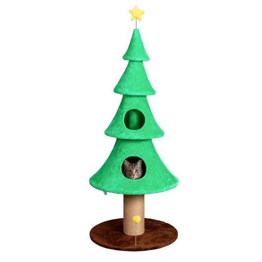 KFX-7051581 Large 59in Christmas Tree Cat Tower with 2 Cat Condos, Scratching Post, and Teaser Toy for Indoor Cats