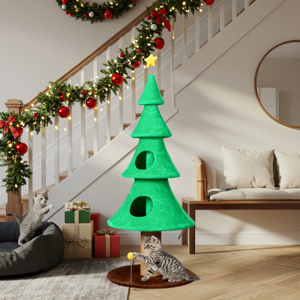 KFX-7051581 Large 59in Christmas Tree Cat Tower with 2 Cat Condos, Scratching Post, and Teaser Toy for Indoor Cats