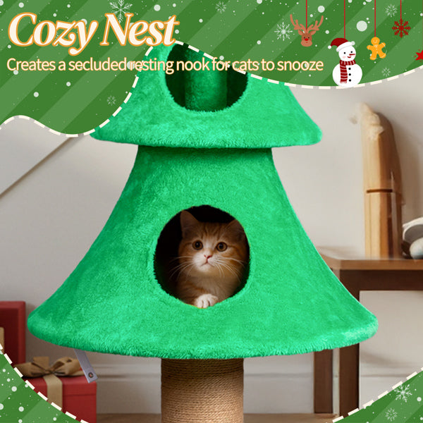 KFX-7051581 Large 59in Christmas Tree Cat Tower with 2 Cat Condos, Scratching Post, and Teaser Toy for Indoor Cats