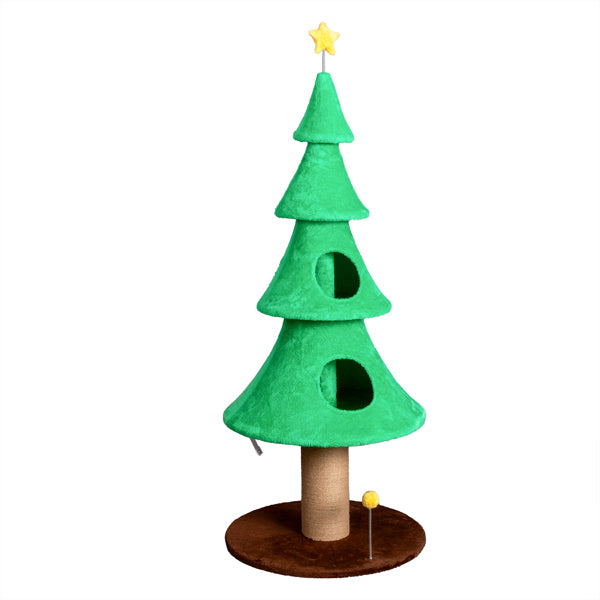 KFX-7051581 Large 59in Christmas Tree Cat Tower with 2 Cat Condos, Scratching Post, and Teaser Toy for Indoor Cats