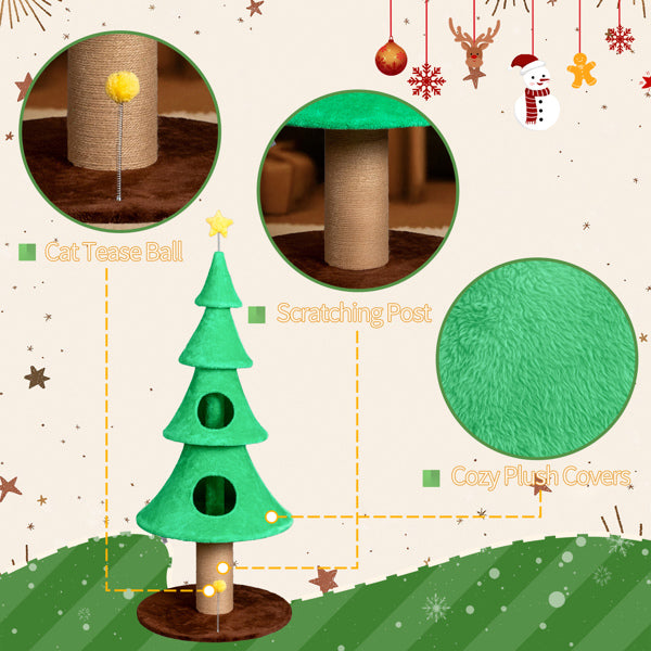 KFX-7051581 Large 59in Christmas Tree Cat Tower with 2 Cat Condos, Scratching Post, and Teaser Toy for Indoor Cats