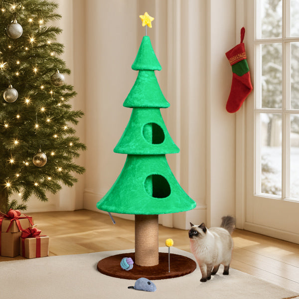 KFX-7051581 Large 59in Christmas Tree Cat Tower with 2 Cat Condos, Scratching Post, and Teaser Toy for Indoor Cats