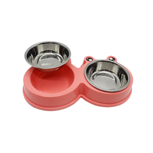 KFX-7052093 Double Pet Food and Water Bowl - Durable ABS and Stainless Steel, Easy to Clean, Pink/Green/Blue, 28x11.5x4cm
