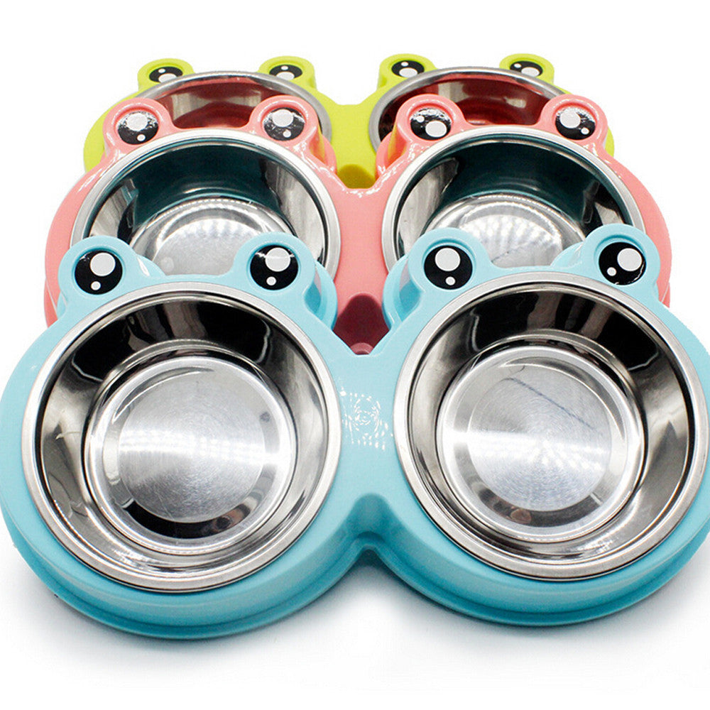 KFX-7052093 Double Pet Food and Water Bowl - Durable ABS and Stainless Steel, Easy to Clean, Pink/Green/Blue, 28x11.5x4cm