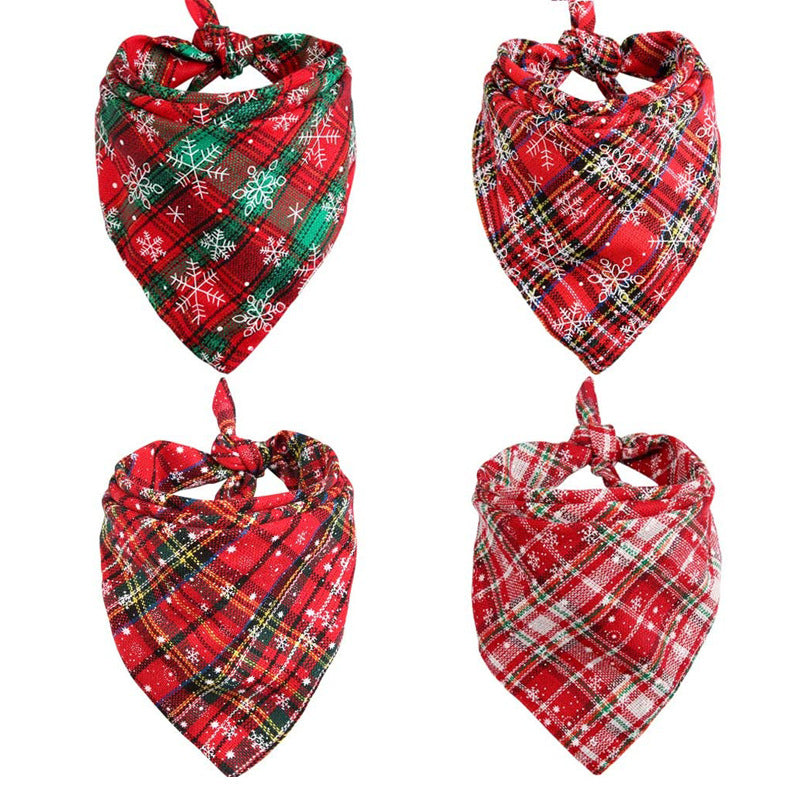KFX-7053501 Plaid Cotton Christmas Dog Scarf - Triangular Design for Festive Styling