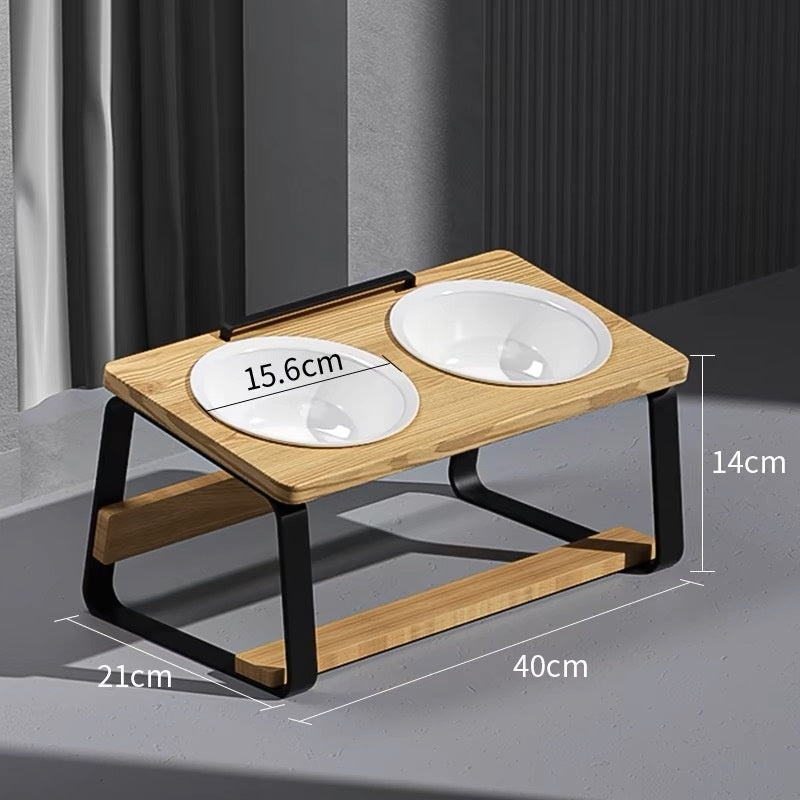 KFX-7057853 Ceramic Double Bowl Pet Feeding Set with Wooden Stand for Cats
