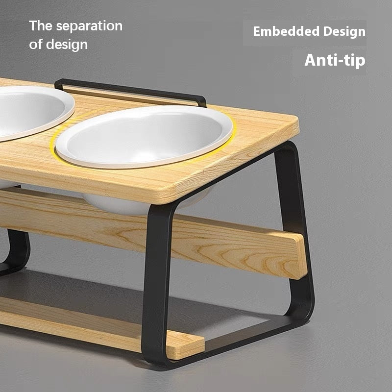 KFX-7057853 Ceramic Double Bowl Pet Feeding Set with Wooden Stand for Cats