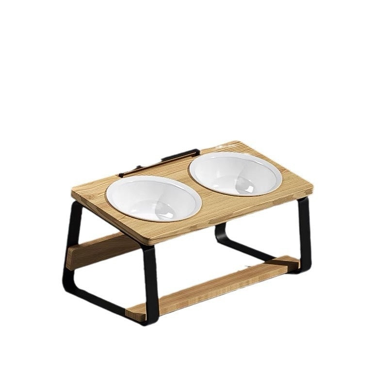 KFX-7057853 Ceramic Double Bowl Pet Feeding Set with Wooden Stand for Cats