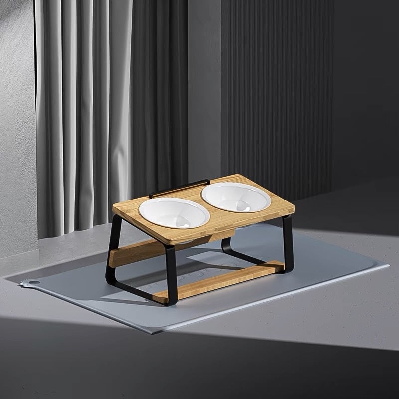 KFX-7057853 Ceramic Double Bowl Pet Feeding Set with Wooden Stand for Cats