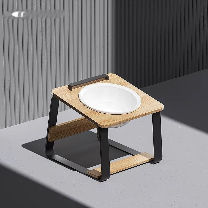 KFX-7057853 Ceramic Double Bowl Pet Feeding Set with Wooden Stand for Cats