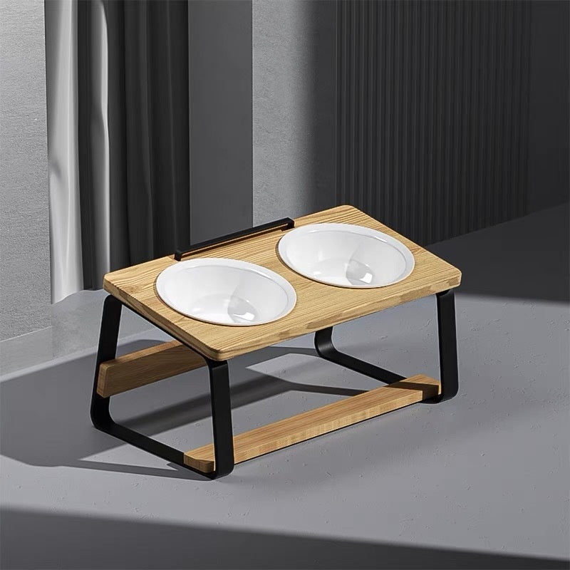 KFX-7057853 Ceramic Double Bowl Pet Feeding Set with Wooden Stand for Cats
