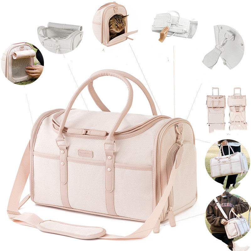KFX-7058109 Breathable and Foldable Portable Pet Bag for Cats – Light Pink & Gray White, Oxford Cloth, 10 lbs Capacity