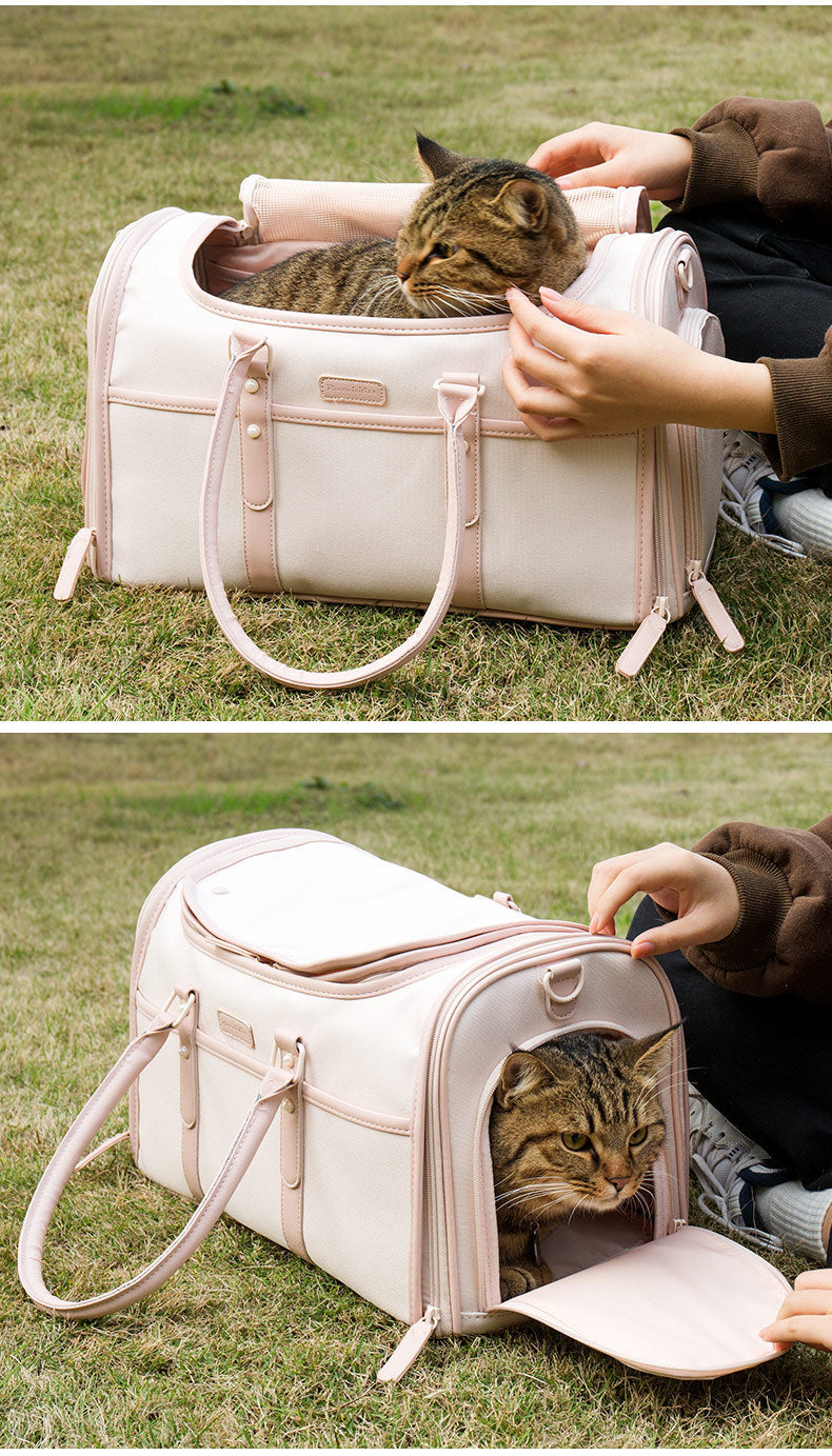 KFX-7058109 Breathable and Foldable Portable Pet Bag for Cats – Light Pink & Gray White, Oxford Cloth, 10 lbs Capacity