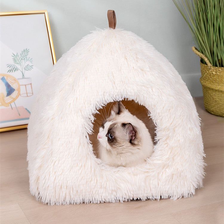 KFX-7061693 Plush Triangle Cat Bed - Soft, Stylish, Compressible Nest in White