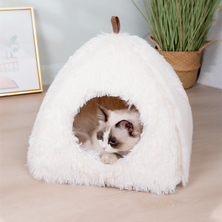 KFX-7061693 Plush Triangle Cat Bed - Soft, Stylish, Compressible Nest in White