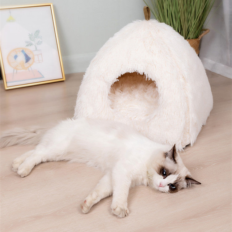 KFX-7061693 Plush Triangle Cat Bed - Soft, Stylish, Compressible Nest in White