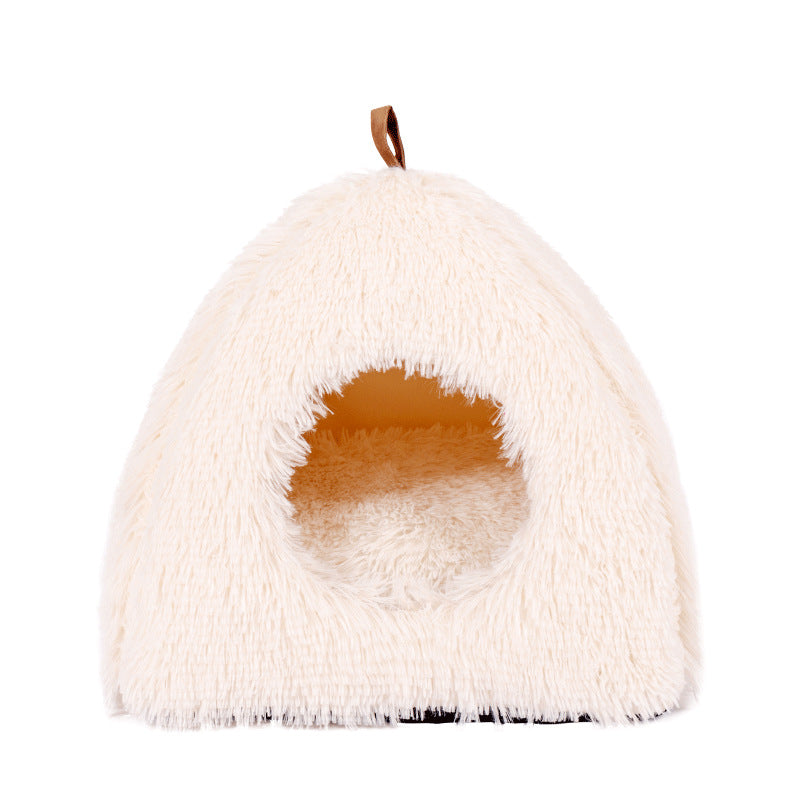 KFX-7061693 Plush Triangle Cat Bed - Soft, Stylish, Compressible Nest in White